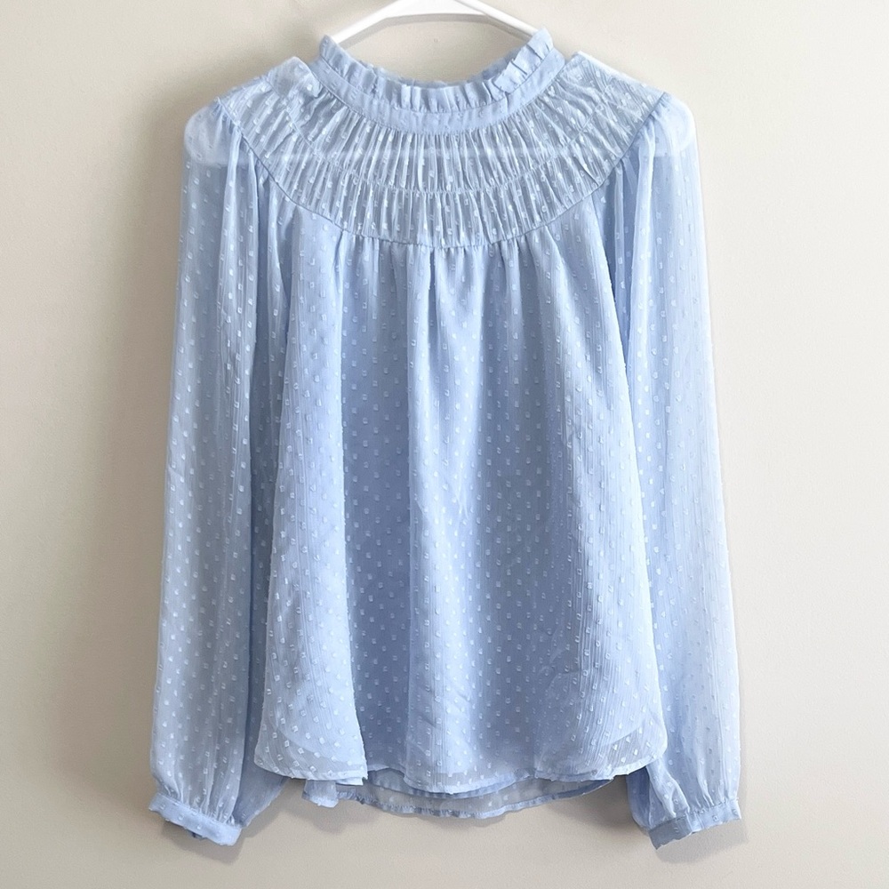 Loft Swiss Dot Ruffle Neck Long Sleeve Blouse